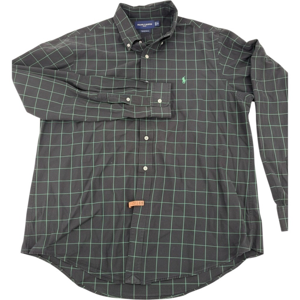 Ralph Lauren Golf Shirt XL Custom Fit Black Green Windowpane Cotton Button Down